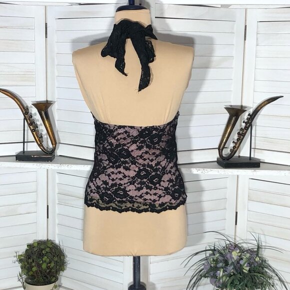 Vintage Y2K Speechless Halter Top High Neck Stretchy Sheer Lace Black Pink Sz S - Picture 8 of 13